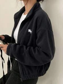 SHEIN 青少年女孩針織深藍色小馬刺繡圖案立領抓絨外套 - 藏蓝色 - 查看 2