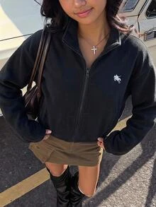 SHEIN 青少年女孩針織深藍色小馬刺繡圖案立領抓絨外套 - 藏蓝色 - 查看 5