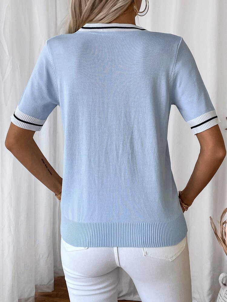 SHEIN Women's Casual Striped Color Block Short Sleeve Knit Top, Spring/Summer - Blue - View 2