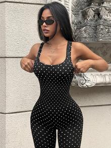 SHEIN Polka Dot Print Backless Slim Fit Sports Jumpsuit - Black - View 7