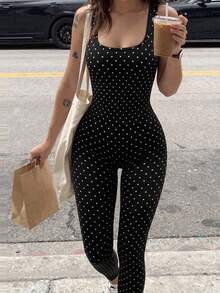 SHEIN Polka Dot Print Backless Slim Fit Sports Jumpsuit - Black - View 4
