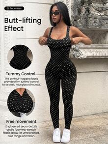SHEIN Polka Dot Print Backless Slim Fit Sports Jumpsuit - Black - View 1