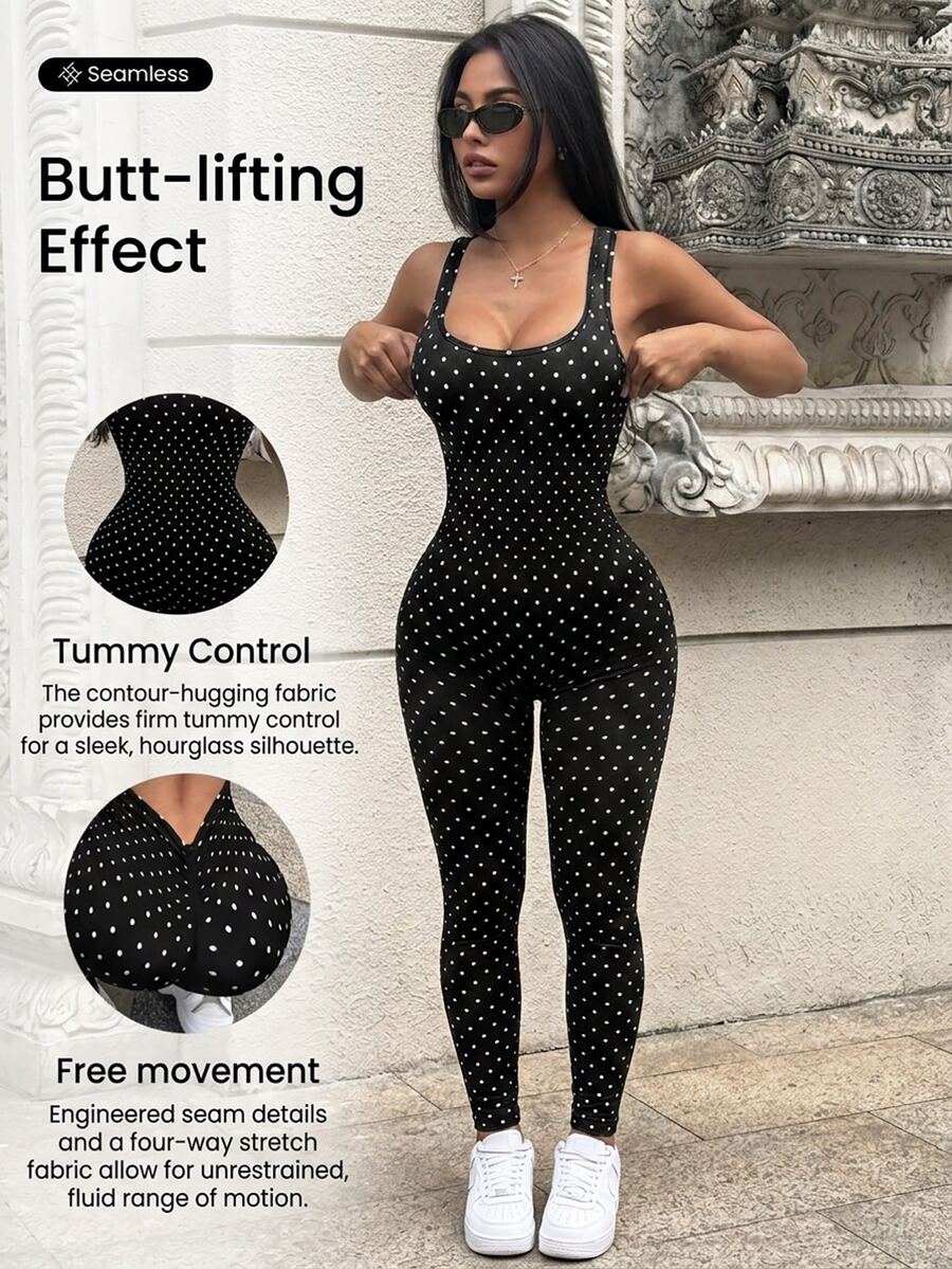 SHEIN Polka Dot Print Backless Slim Fit Sports Jumpsuit - Black - View 1