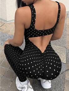 SHEIN Polka Dot Print Backless Slim Fit Sports Jumpsuit - Black - View 3