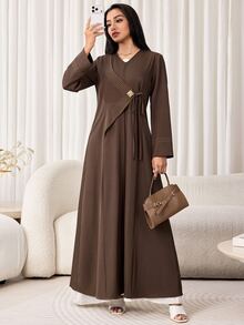 Veilorie Women's Elegant Modest Filipiniana Commute Formal Office Arabic Abaya Brown Winter - Brown - View 1