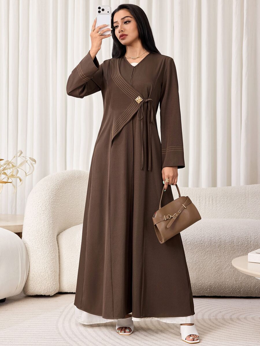 Veilorie Women's Elegant Modest Filipiniana Commute Formal Office Arabic Abaya Brown Winter - Brown - View 1