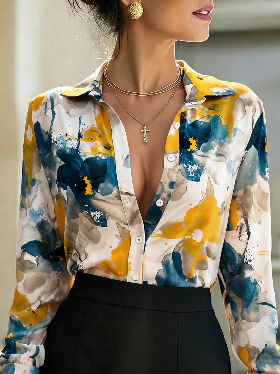 RosyDaze Elegant White Ink Floral Print Shirt Women,Chic Autumn Work Commuter Open Front Blouses,Ladies Casual Button Long Sleeve Collar Regular Fit Tops - Multicolor - View 1