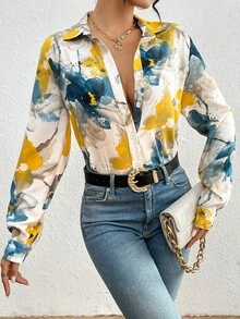 RosyDaze Elegant White Ink Floral Print Shirt Women,Chic Autumn Work Commuter Open Front Blouses,Ladies Casual Button Long Sleeve Collar Regular Fit Tops - Multicolor - View 5