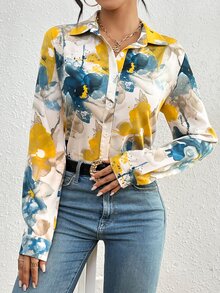 RosyDaze Elegant White Ink Floral Print Shirt Women,Chic Autumn Work Commuter Open Front Blouses,Ladies Casual Button Long Sleeve Collar Regular Fit Tops - Multicolor - View 4