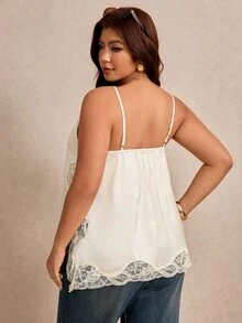 Elaquor Plus Size Women's Lace Patchwork Split Design Casual Versatile Daily Outing Camisole Top Casual Summer Going Lace Trip Side Slit Tank Top For Women - Apricot - View 2