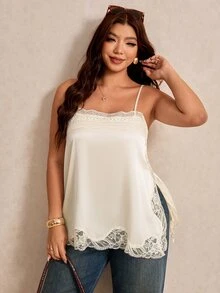 Elaquor Plus Size Women's Lace Patchwork Split Design Casual Versatile Daily Outing Camisole Top Casual Summer Going Lace Trip Side Slit Tank Top For Women - Apricot - View 5