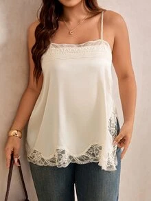 Elaquor Plus Size Women's Lace Patchwork Split Design Casual Versatile Daily Outing Camisole Top Casual Summer Going Lace Trip Side Slit Tank Top For Women - Apricot - View 6