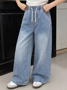 SHEIN Tween Girls' Fashion Minimalist Paper Bag Waist Wide Leg Denim Jeans, Holiday Essential, Elastic Drawstring Waist Design, Wide Pocket Decorative Stitching, Comfortable And Versatile, Suitable For Daily Wear, Back To School, School, Sports - Medium Wash - View 6
