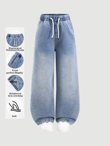 SHEIN Tween Girls' Fashion Minimalist Paper Bag Waist Wide Leg Denim Jeans, Holiday Essential, Elastic Drawstring Waist Design, Wide Pocket Decorative Stitching, Comfortable And Versatile, Suitable For Daily Wear, Back To School, School, Sports - Medium Wash - View 5