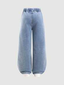 SHEIN Tween Girls' Fashion Minimalist Paper Bag Waist Wide Leg Denim Jeans, Holiday Essential, Elastic Drawstring Waist Design, Wide Pocket Decorative Stitching, Comfortable And Versatile, Suitable For Daily Wear, Back To School, School, Sports - Medium Wash - View 3