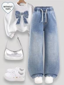 SHEIN Tween Girls' Fashion Minimalist Paper Bag Waist Wide Leg Denim Jeans, Holiday Essential, Elastic Drawstring Waist Design, Wide Pocket Decorative Stitching, Comfortable And Versatile, Suitable For Daily Wear, Back To School, School, Sports - Medium Wash - View 2