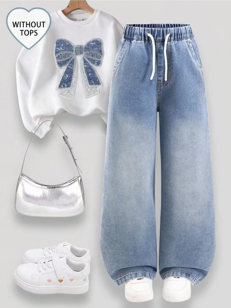 SHEIN Tween Girls' Fashion Minimalist Paper Bag Waist Wide Leg Denim Jeans, Holiday Essential, Elastic Drawstring Waist Design, Wide Pocket Decorative Stitching, Comfortable And Versatile, Suitable For Daily Wear, Back To School, School, Sports