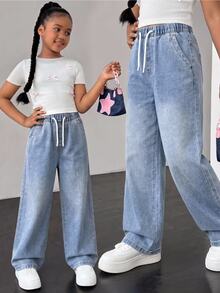 SHEIN Tween Girls' Fashion Minimalist Paper Bag Waist Wide Leg Denim Jeans, Holiday Essential, Elastic Drawstring Waist Design, Wide Pocket Decorative Stitching, Comfortable And Versatile, Suitable For Daily Wear, Back To School, School, Sports - Medium Wash - View 10