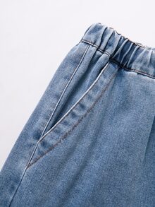 SHEIN Tween Girls' Fashion Minimalist Paper Bag Waist Wide Leg Denim Jeans, Holiday Essential, Elastic Drawstring Waist Design, Wide Pocket Decorative Stitching, Comfortable And Versatile, Suitable For Daily Wear, Back To School, School, Sports - Medium Wash - View 8