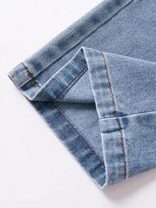 SHEIN Tween Girls' Fashion Minimalist Paper Bag Waist Wide Leg Denim Jeans, Holiday Essential, Elastic Drawstring Waist Design, Wide Pocket Decorative Stitching, Comfortable And Versatile, Suitable For Daily Wear, Back To School, School, Sports - Medium Wash - View 9
