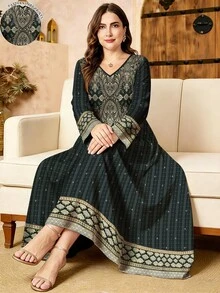 SHEIN Najma 女款大尺碼復古大馬士革圖案數位印花深綠色時尚V領長袖春秋優雅阿拉伯風洋裝 - 彩色 - 查看 1