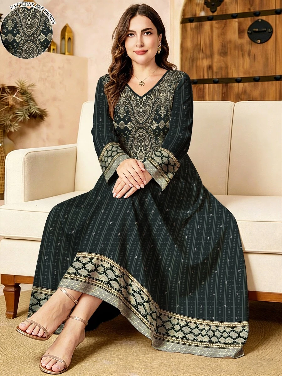 SHEIN Najma 女款大尺碼復古大馬士革圖案數位印花深綠色時尚V領長袖春秋優雅阿拉伯風洋裝 - 彩色 - 查看 1