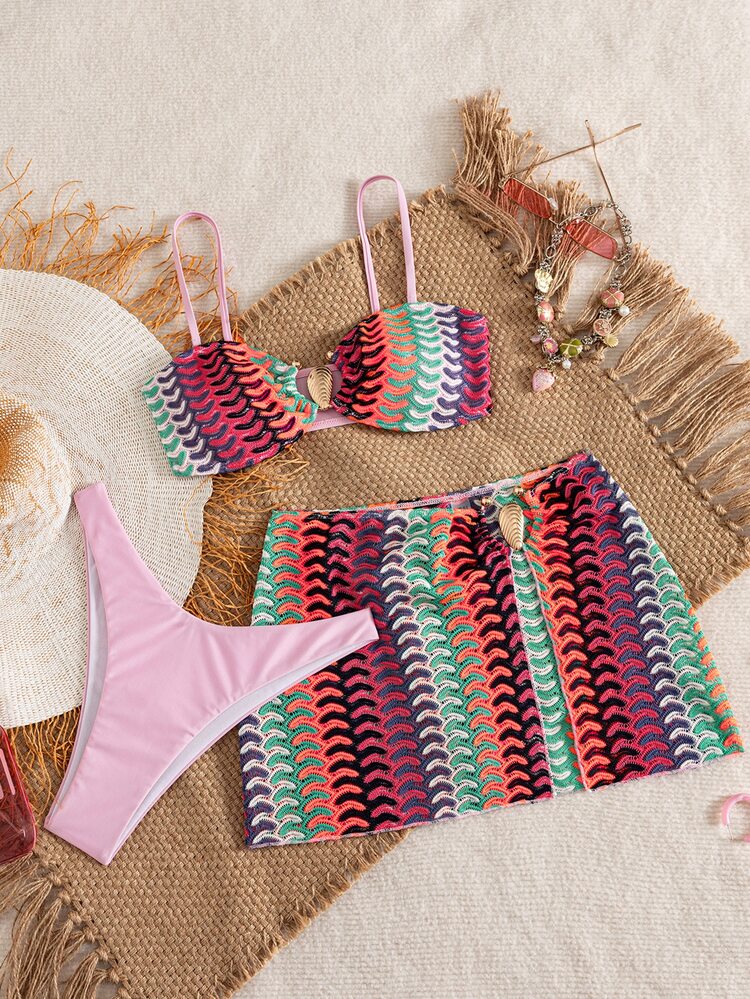 Swim Vcay Women's Summer Beach Casual Fashion Young Basic Versatile Retro Colorblock Aesthetic Wavy Crochet Knit Fabric, Metal Ornament Bustier Bikini Top With Spaghetti Straps, Paired With Solid Brown High-Cut Bikini Bottom, One-Piece Metal Ornament Slit Cover-Up Skirt Set With Asymmetrical Design, 3-Piece Set, (Detachable Shoulder Straps) Suitable For Island Vacation, Holiday Party, Festival, Beach Stroll, Pool Party, Vacation Lazy Atmosphere - Multicolor - View 4