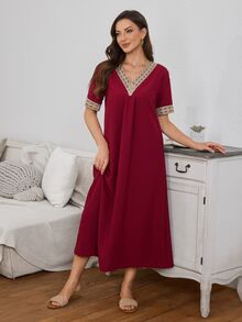 Serenescape Burgundy Vacation Style Bubble Ruffle V-Neck Short Sleeve Women's Nightgown - Burgundy - View 4