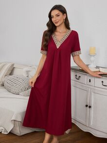 Serenescape Burgundy Vacation Style Bubble Ruffle V-Neck Short Sleeve Women's Nightgown - Burgundy - View 6