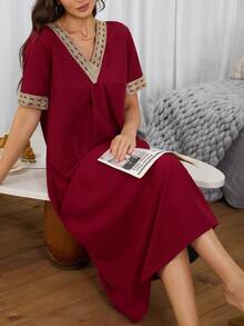 Serenescape Burgundy Vacation Style Bubble Ruffle V-Neck Short Sleeve Women's Nightgown - Burgundy - View 1