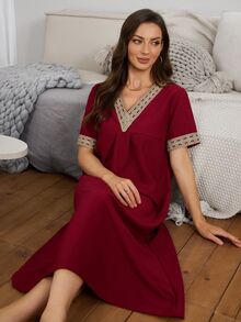 Serenescape Burgundy Vacation Style Bubble Ruffle V-Neck Short Sleeve Women's Nightgown - Burgundy - View 5