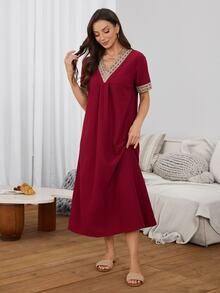 Serenescape Burgundy Vacation Style Bubble Ruffle V-Neck Short Sleeve Women's Nightgown - Burgundy - View 3