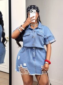 Slaydiva Gaun Wanita Ukuran Plus Model Cowgirl Warna Biru, Tidak Melar, dengan Detail Sobek di Bagian Bawah, Cocok untuk Wanita - Light Wash - View 7