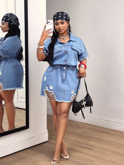 Slaydiva Gaun Wanita Ukuran Plus Model Cowgirl Warna Biru, Tidak Melar, dengan Detail Sobek di Bagian Bawah, Cocok untuk Wanita