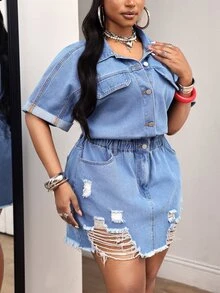 Slaydiva Gaun Wanita Ukuran Plus Model Cowgirl Warna Biru, Tidak Melar, dengan Detail Sobek di Bagian Bawah, Cocok untuk Wanita - Light Wash - View 6