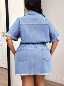 Slaydiva Gaun Wanita Ukuran Plus Model Cowgirl Warna Biru, Tidak Melar, dengan Detail Sobek di Bagian Bawah, Cocok untuk Wanita - Light Wash - View 2