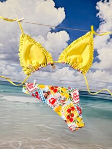 Bonvoyette 2pcs/Set Ocean Lemon Print Triangle Halter Ruffle Trim High Cut Bikini Bottoms With Tie Sides, Solid Waist Splice, Sexy & Cute Swimwear For Women - Multicolor - View 2