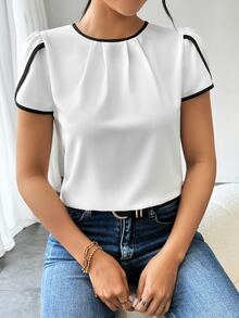SHEIN Color Blocking Round Neck Blouse With Ruffled Cap Sleeves And Edging - White - View 4