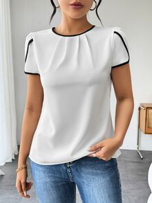 SHEIN Color Blocking Round Neck Blouse With Ruffled Cap Sleeves And Edging - White - View 5