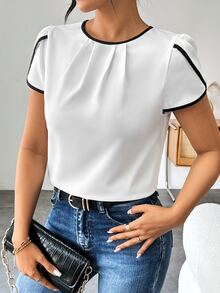 SHEIN Color Blocking Round Neck Blouse With Ruffled Cap Sleeves And Edging - White - View 3