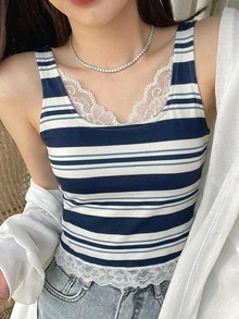 DAZY 女款春夏黑色休閒街頭風鏤空蕾絲飾邊拼接修身細肩帶背心，適合婚禮宴會與情人節 - 藍色 - 查看 3