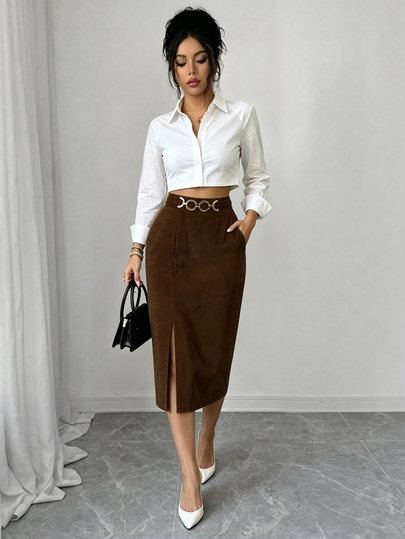 Elenzga Brown Corduroy Split Waist Metal Chain Straight Bodycon Skirt Women's Skirt