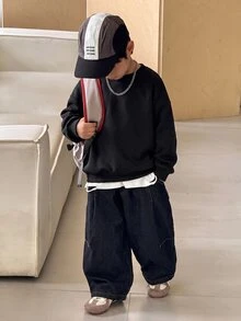 SHEIN 兒童 1件小男孩字母圖案厚款秋季衛衣，學院風寬鬆版型冬季 80年代返校時尚舒適休閒套頭衫 - 彩色 - 查看 4