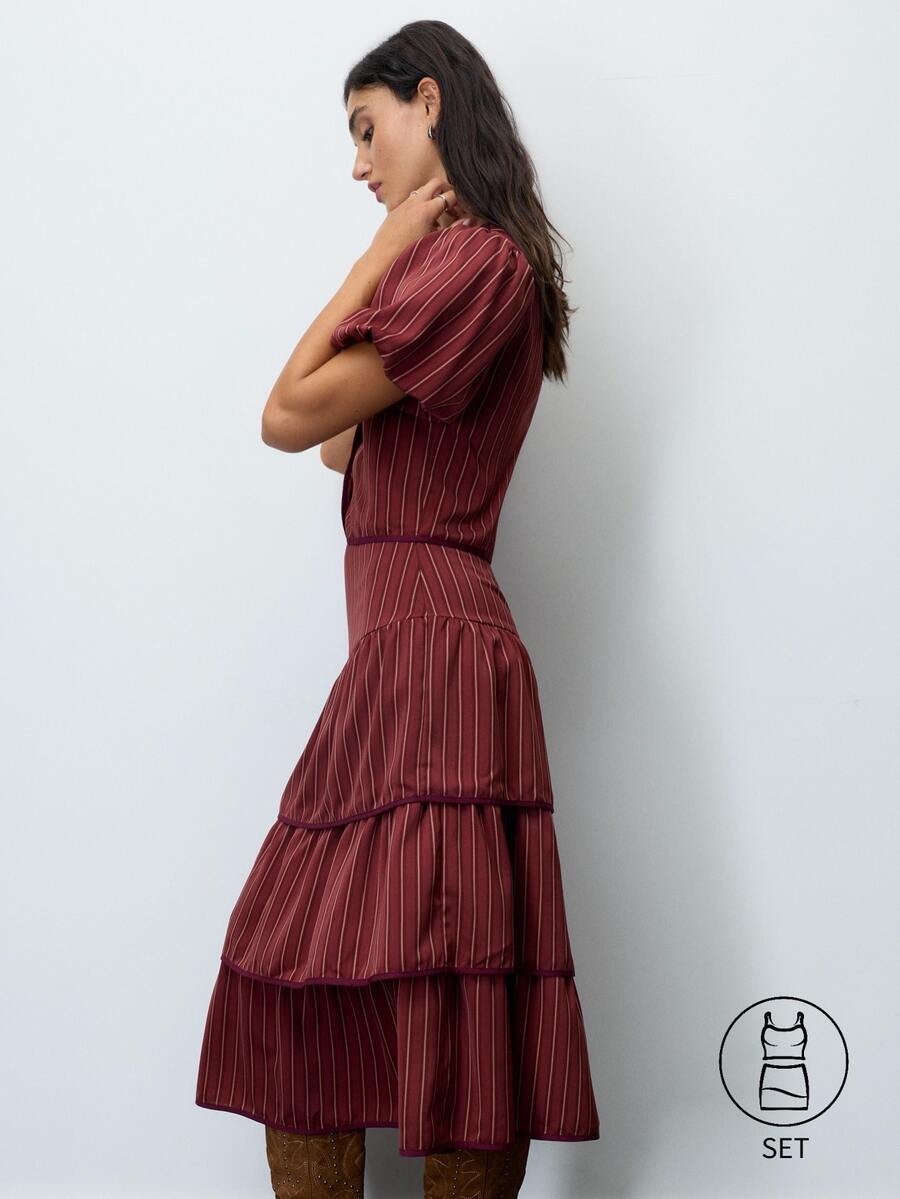 Nöista Burgundy Striped Two Pieces Set,Ruffles,Perfect Youthful, Soft Elegant,Sweet, Practical,Suitable Everyday Wear-Girls With Sweet ,Fall Winter. - Rust Brown - View 1