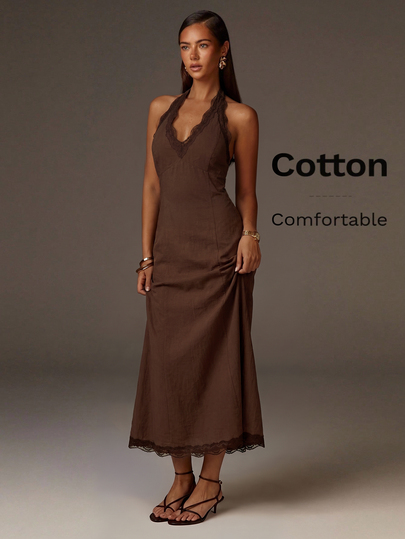 Athîral Women's Elegant Brown Lace Trim Halter Neck Long Dress,Summer ,Fall,Holiday Vacation Party Outfit ,Daily Dress,Brown Dress,Going Out ,Frenchy