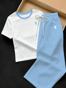 SHEIN EZwear 2件組刺繡圓領短袖上衣與條紋印花長褲，休閒風 - 淺藍色 - 查看 3