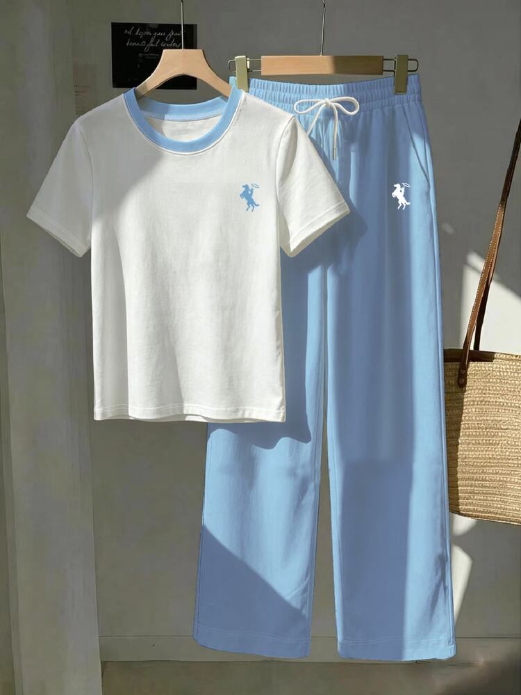 SHEIN EZwear 2pcs Embroidered Round Neck Short Sleeve Top And Striped Print Pants, Casual - Baby Blue - View 5