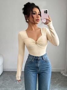 Elenzga Apricot Ribbed Texture Square Neck Twisted Front Metal Buckle Slim Fit Long Sleeve Bodysuit - Apricot - View 6