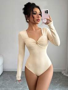 Elenzga Apricot Ribbed Texture Square Neck Twisted Front Metal Buckle Slim Fit Long Sleeve Bodysuit - Apricot - View 1