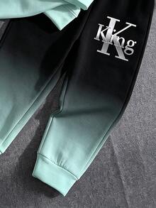 1套男嬰KING印花長袖圓領衛衣與長褲套裝，春秋新款，酷帥時尚整體設計，時尚百搭，展現孩子活力，漸層紮染面料搭配獨家字母皇冠圖案，帥氣有氣場，適合夏季/春季/秋季，適用於外出、假期與禮物 - 彩色 - 查看 5